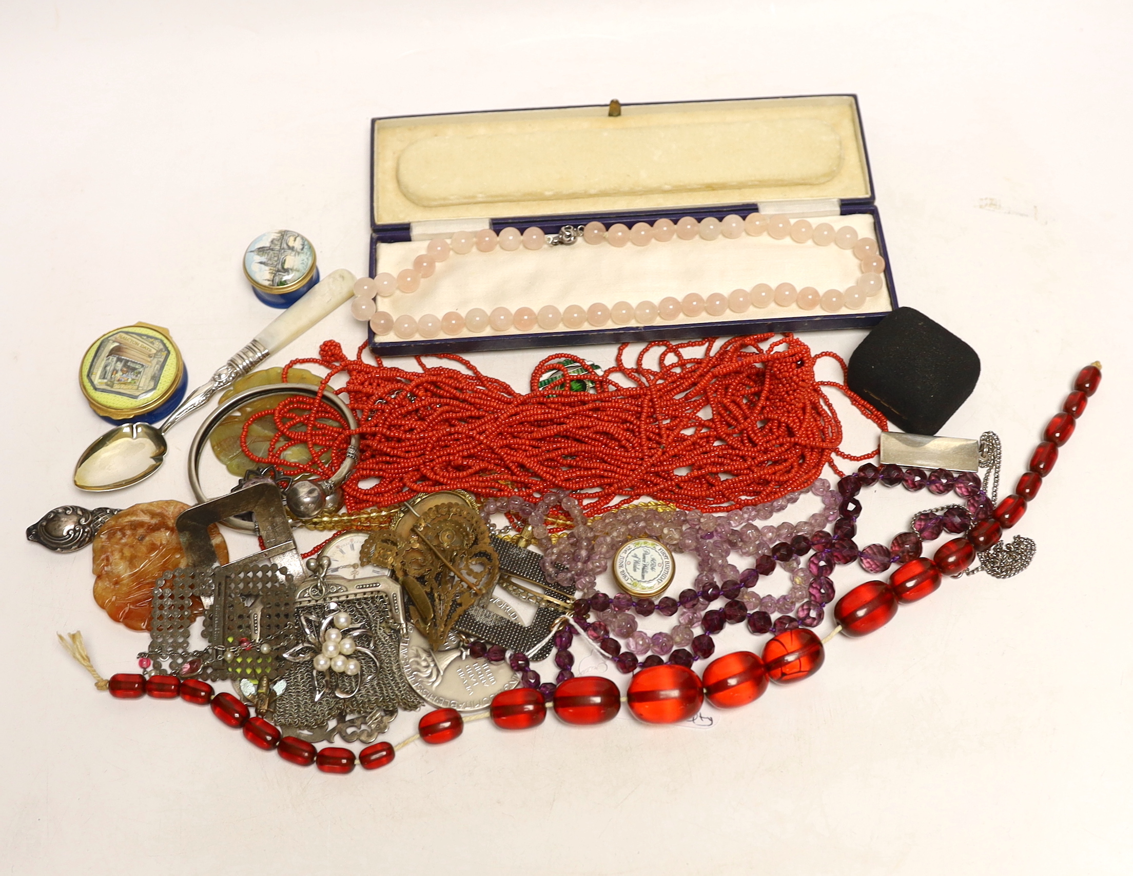 A group of assorted collectable, jewellery etc. including Bakelite bead necklace, Halcyon Days boxes, silver ingot pendant, silver belt buckle, cut steel buckle, rose quartz necklace, amethyst necklace, citrine necklace